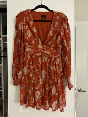 Linden Burnt Orange Floral Long-Sleeve V-Neck Mini Dress